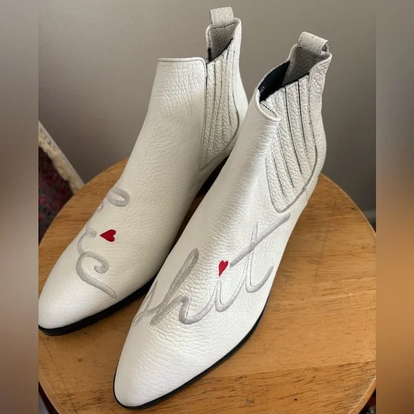 Modern Vice “Chic Sh❗️t” White Ankle Boots with Red and Silver Accents - Picture 3 of 3